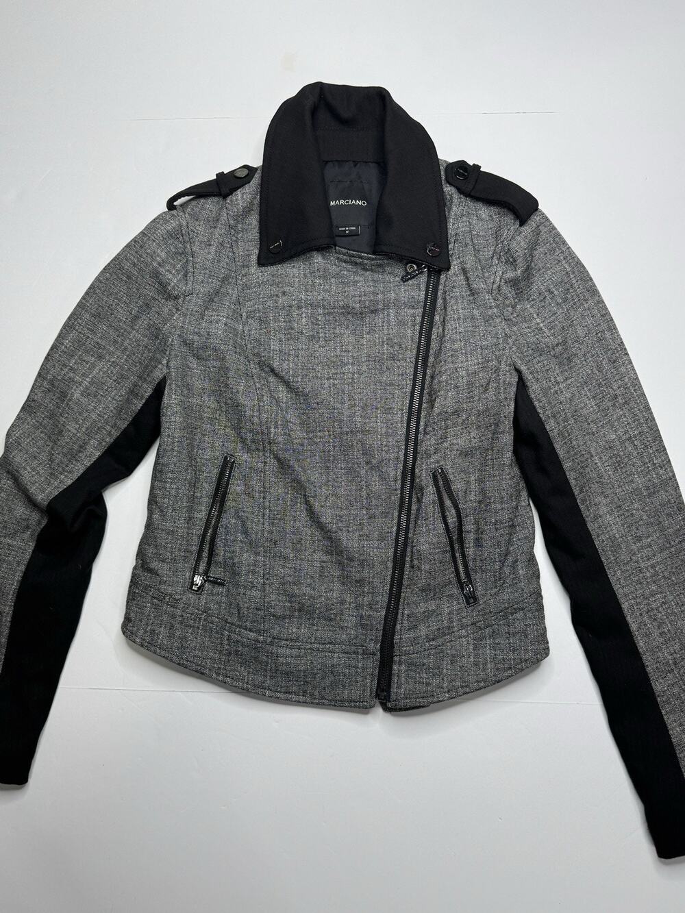 GUESS Marciano Womens M Gray Tweed Moto Biker Jacket Black Trim Asym Zip